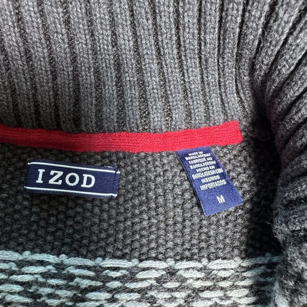 IZOD Men’s Medium Fair Isle Quarter Zip Sweater Gray Nordic Winter Pullover - Picture 4 of 6